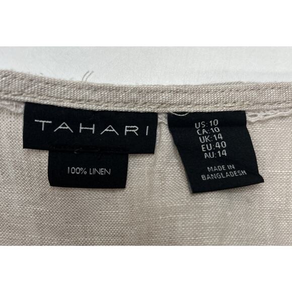Tahari Linen Tank Dress 10 Maxi Beige V-neck Front Pockets Minimalistic Boho M - Picture 4 of 9